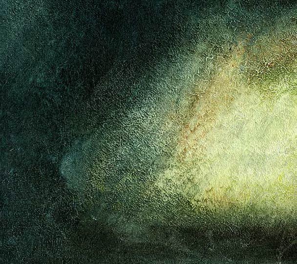 Painting of a lumious, dreamy daybreak with a squall of heavy rain.