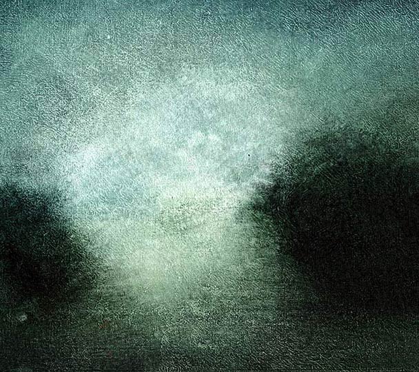 Painting of a lumious, dreamy daybreak with forested headlands in view.