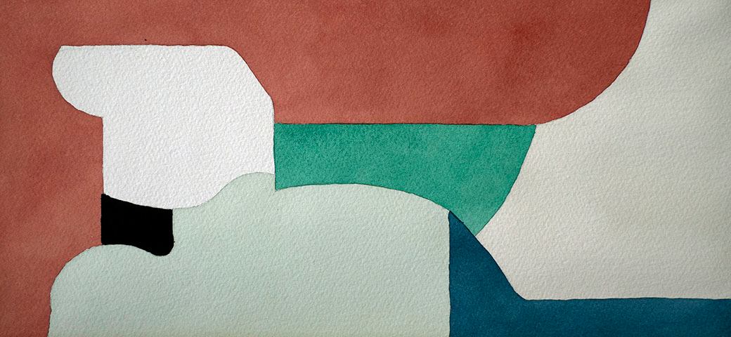 An abstract painting with assorted shapes and bright colors.