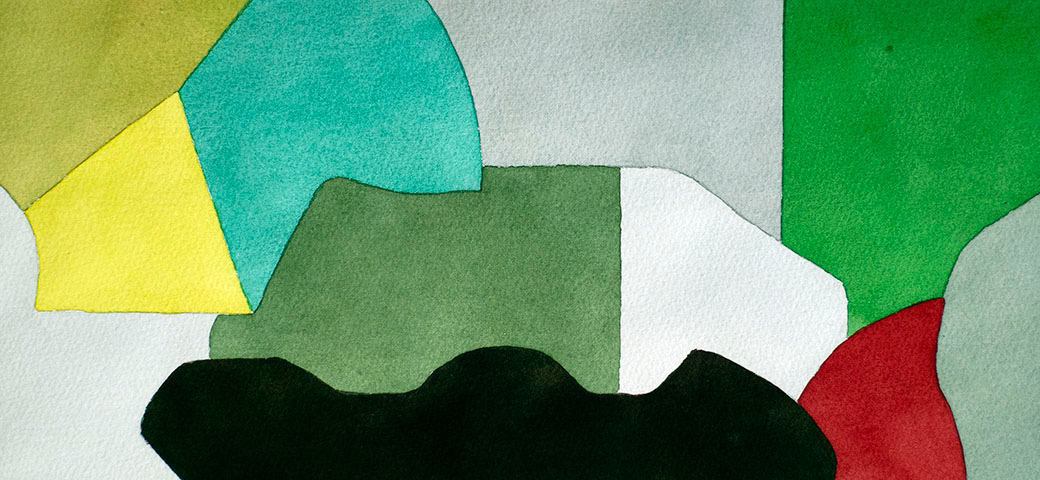 An abstract painting with assorted shapes and bright colors.