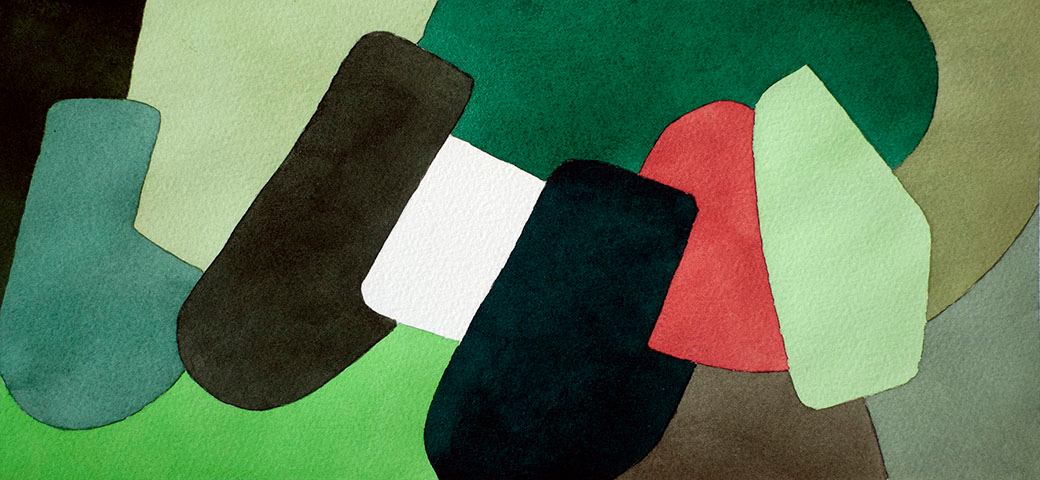 An abstract painting with assorted shapes and bright colors.