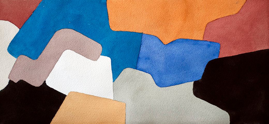 An abstract painting with assorted shapes and bright colors.