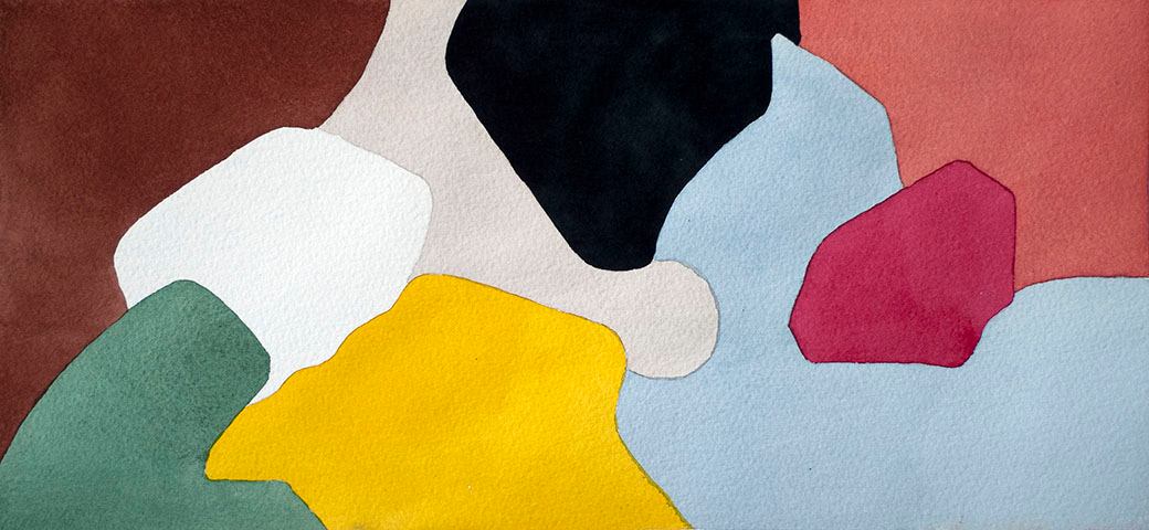 An abstract painting with assorted shapes and bright colors.