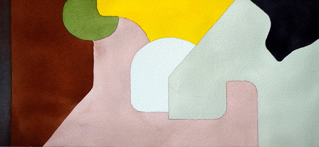 An abstract painting with assorted shapes and bright colors.