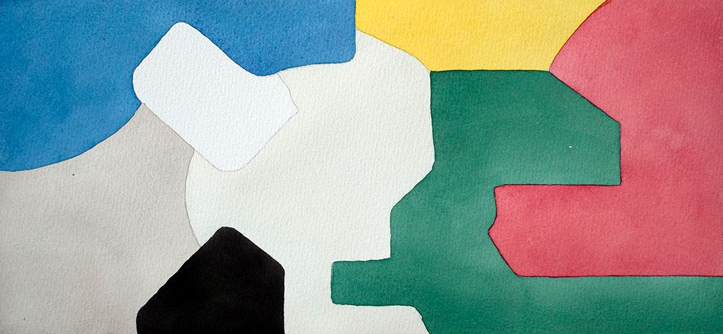 An abstract painting with assorted shapes and bright colors.