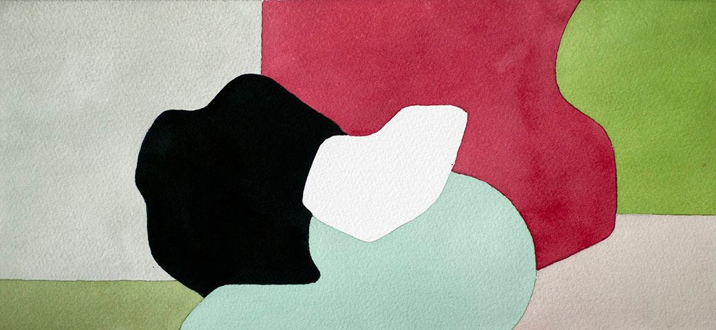 An abstract painting with assorted shapes and bright colors.