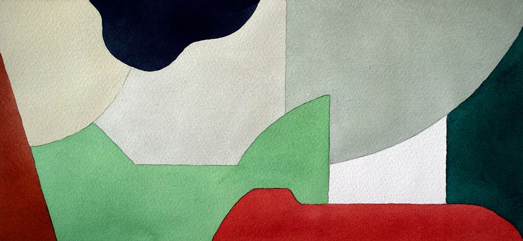 An abstract painting with assorted shapes and bright colors.