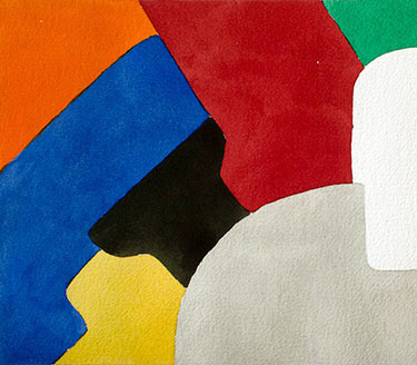 Detail of abstract painting with distinct shapes and bright colors.