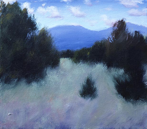 Painting of a meadow dotted with pinon pines and cedar.