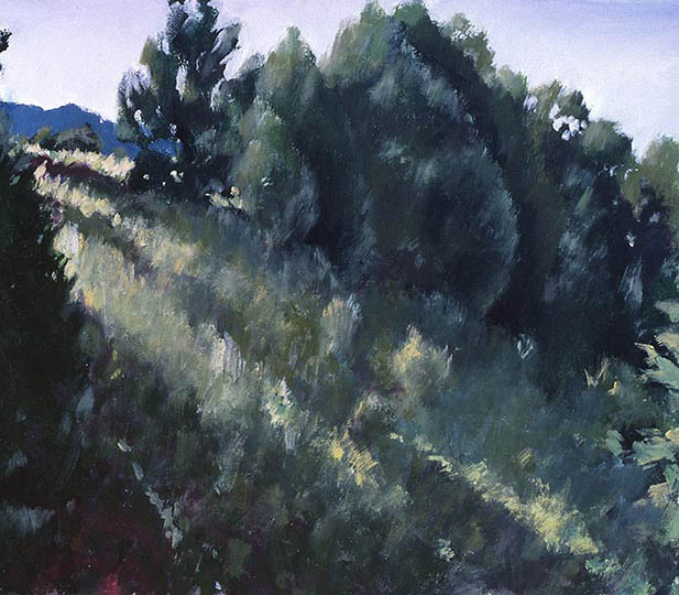Painting of a hillside with raking sunlight.