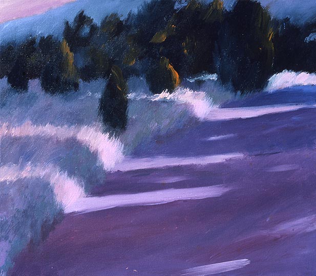Painting of a road with slanting late day sunlight.
