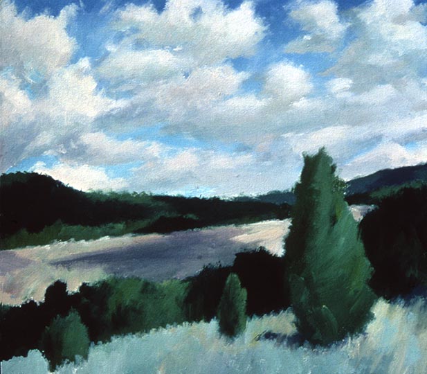 Painting of a sunlit southwestern landscape with hills wooded with pine and cedar.