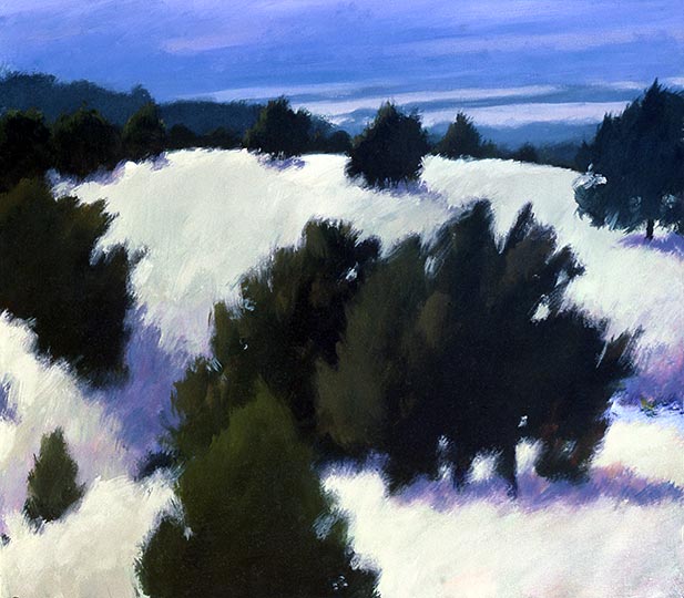 Painting of a sunlit southwestern dry grass meadow with pine, cedar, and distant foothills.