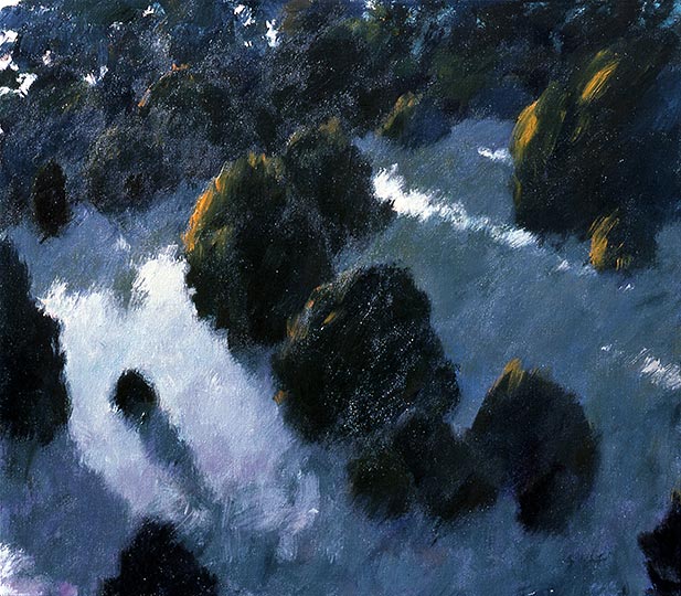 Painting of a pinon juniper hillside meadow with slanting late-day light.