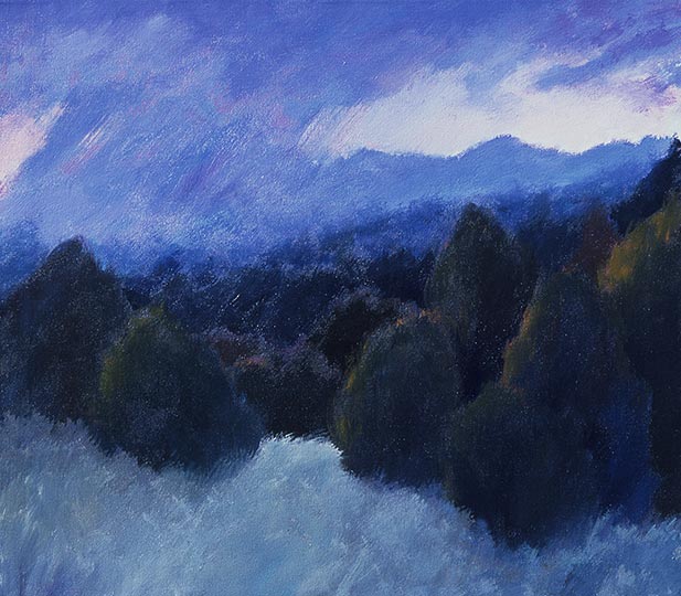 Painting of rain falling on a distant mountain range.