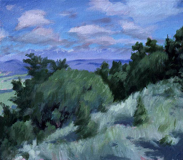 Painting of a sunny hillside with a distant mountain range.