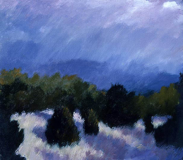 Painting of a sunny mountain meadow with rain falling in the distance.