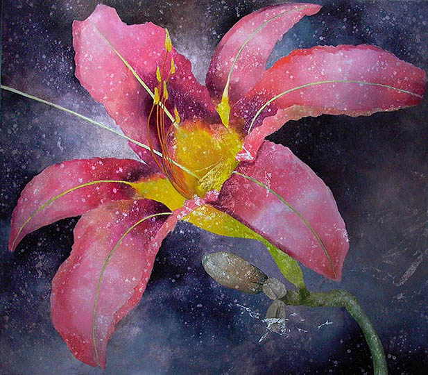 Large painting of a single tiger lily.