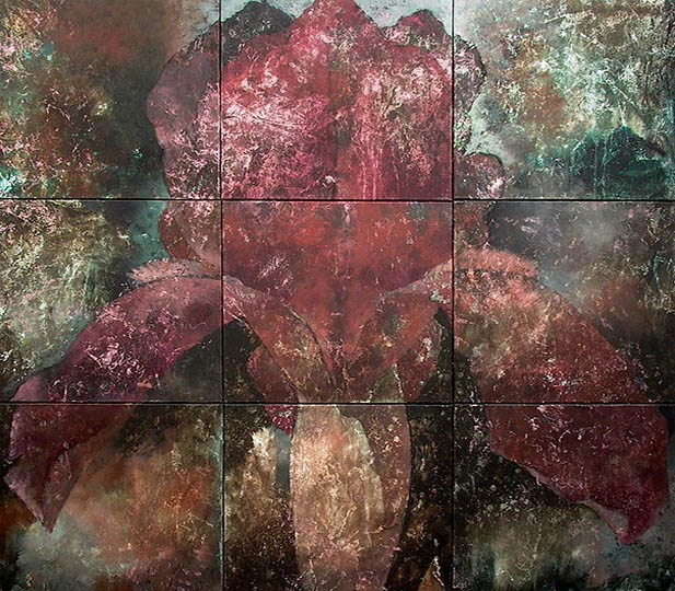 Nine panel painting of a single iris flower.