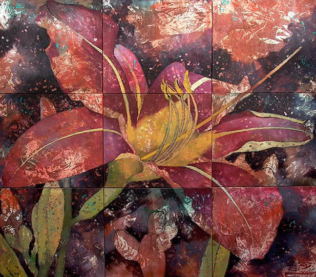 Nine panel painting of a single tiger lily blossom.