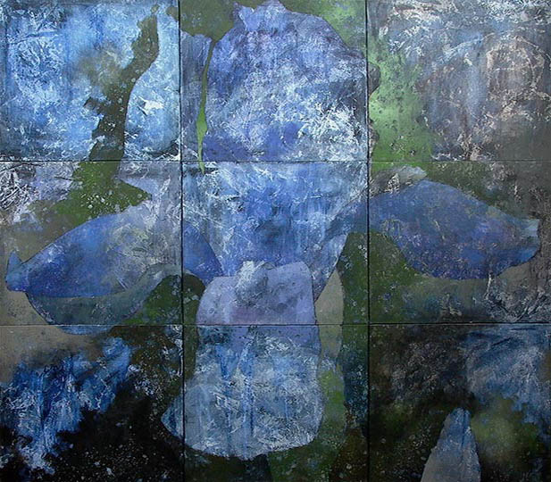 Nine panel painting of a single blue iris flower.