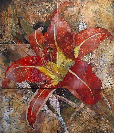 Six panel painting of a single tiger lily flower.