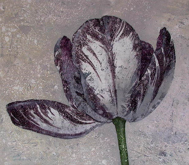 Painting of a single purple and white Dutch tulip/