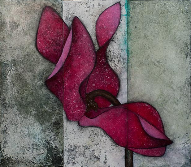 Three panel painting of a single cyclamen flower.