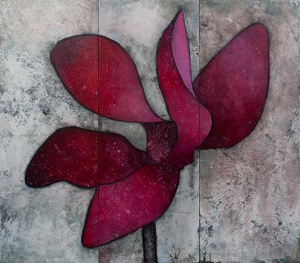 Three panel painting of a single cyclamen flower.