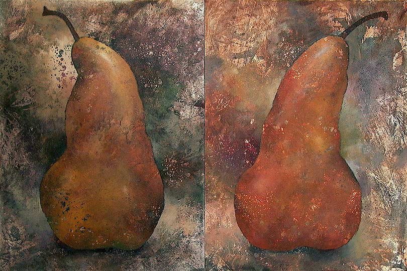 Two panel painting of bosc pears, one pear for each panel.