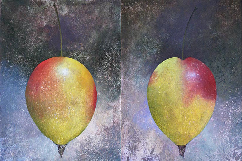 Two panel painting of crabapples one for each panel.