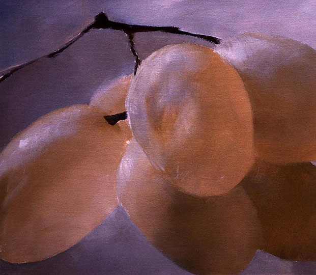 Painting of small bunch of grapes, close up.
