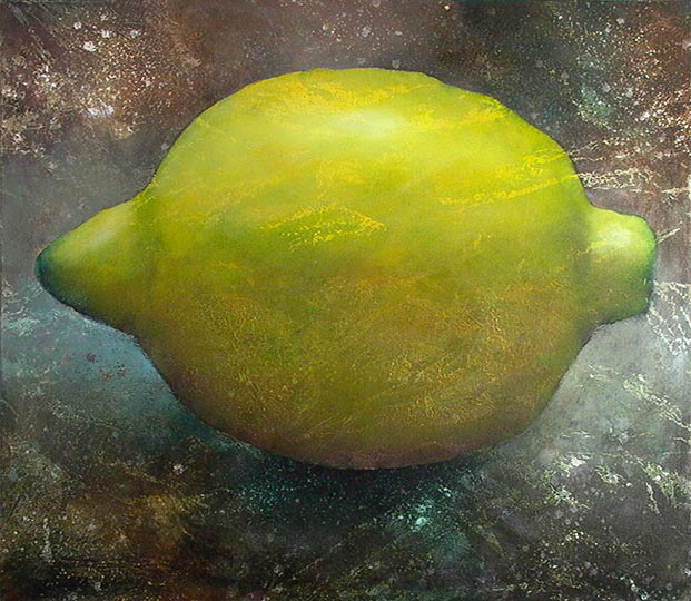 Large painting of a single lemon.