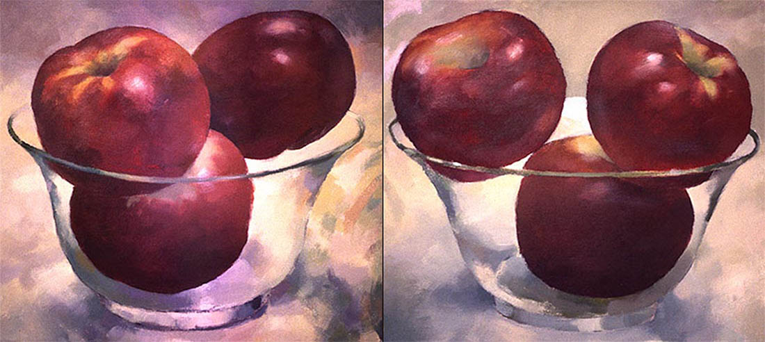 Two panel painting of red apples in glass bowls.