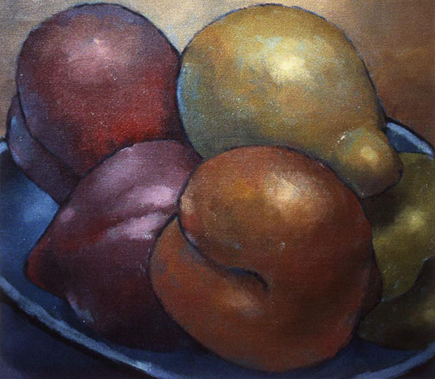 Painting of a plate of plums.