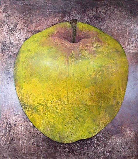 Painting of a single yellow apple.