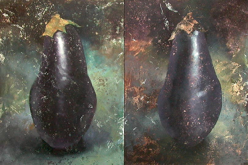 Two panel painting of eggplants, one for each panel.