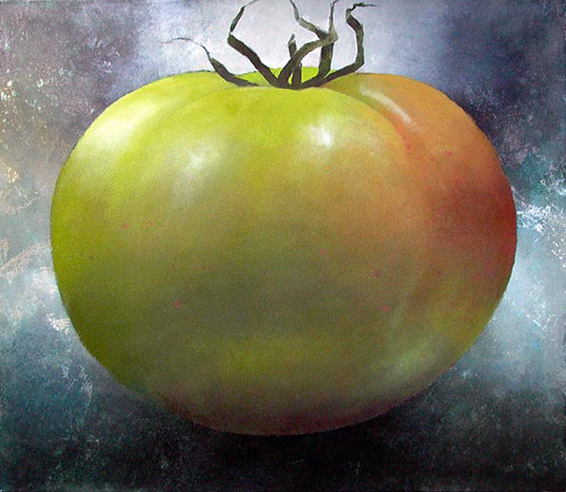 Painting of a single green tomato.