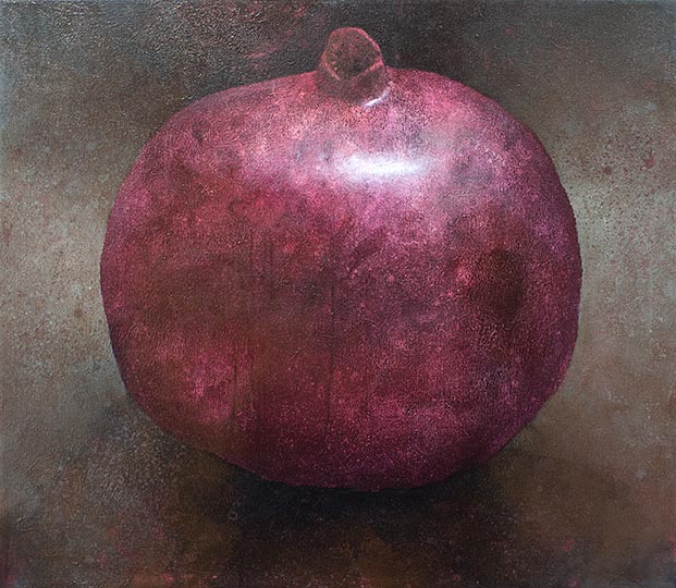 Painting of a single pomegranate.
