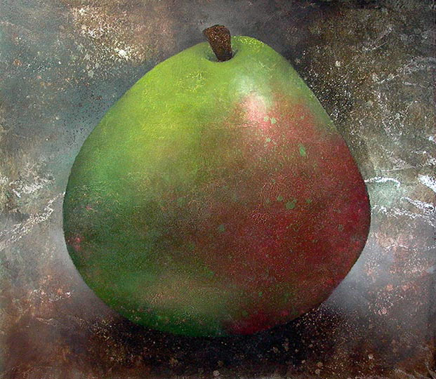 Painting of a single D'Anjou pear.