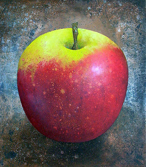Painting of a single red and yellow apple.