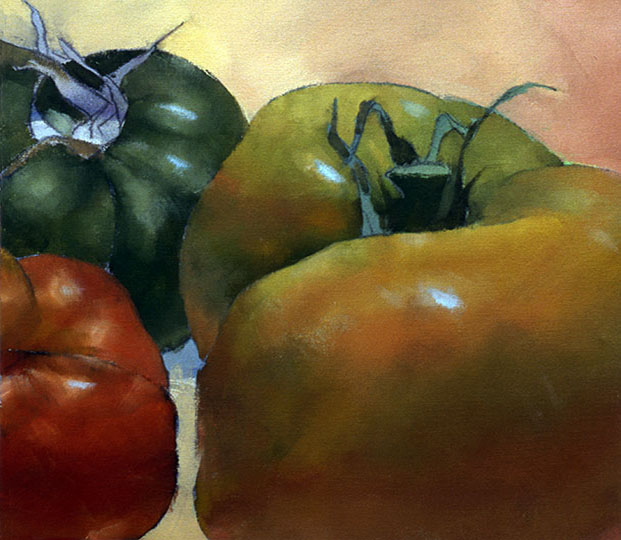 Painting of a trio of garden tomatoes..