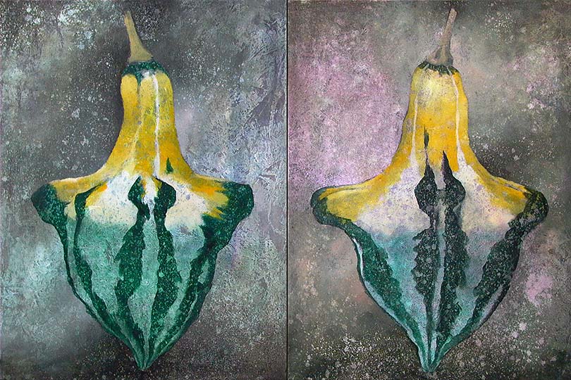 Two panel painting of autumn gourds.