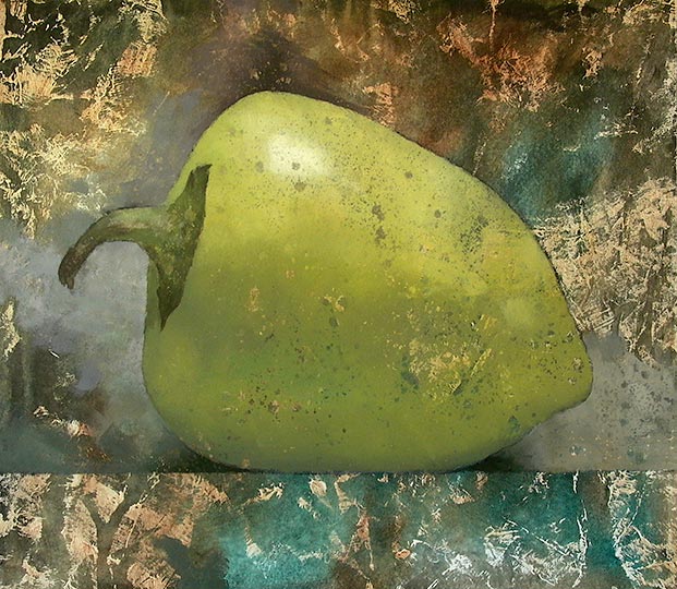 Painting of s single green caribe pepper.