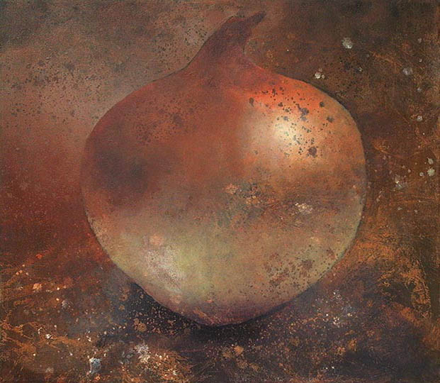 Painting of s single yellow onion in coppery tones.