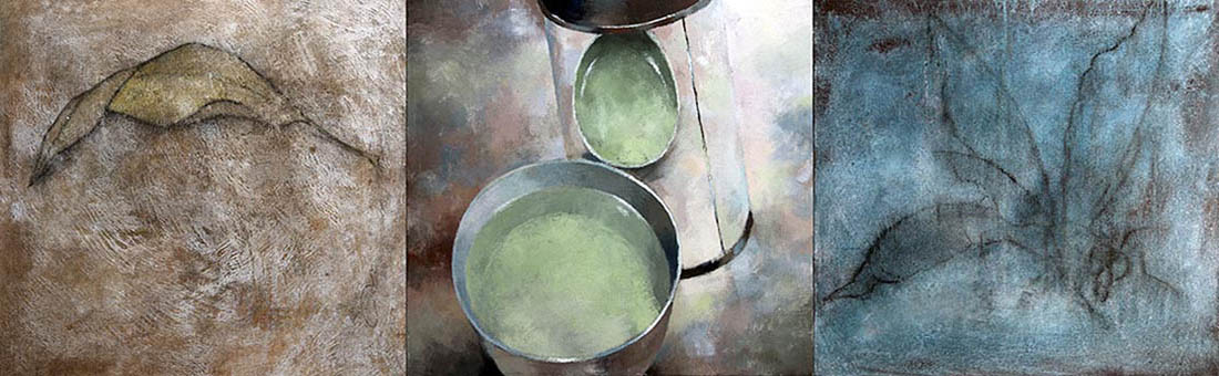 Three-panel painting of a leaf, a bowl with water, and a wasp.