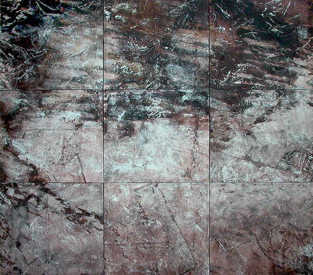 Large, mulit-panel painting of water reflections in sepia tones.