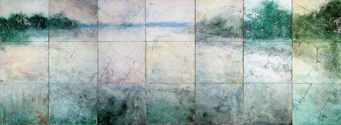 Twenty-one panel painting of a pond with distant shore details.