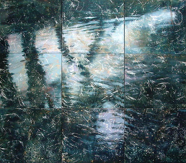 Large, multi-panel painting of water reflections in.