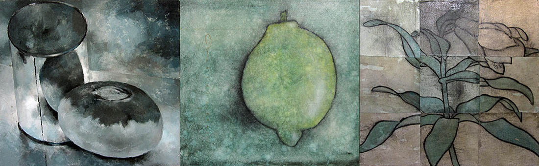 Three-panel painting of a shiny can with turnip reflections, a lemon, and a plant.